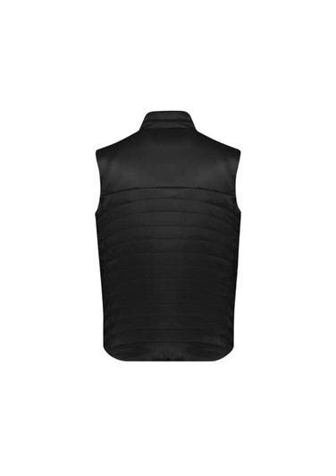 A black men's expedition vest featuring a smooth front and quilted back design. It has a logo on the fabric.