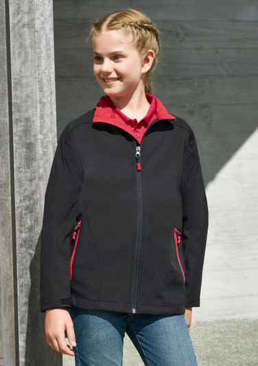 A black jacket with red accents, featuring a zip front and side pockets, worn by a smiling girl.
