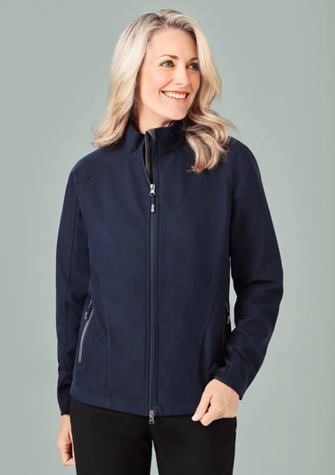 A navy women's soft shell jacket with a zip front and side pockets, featuring a sleek design and a logo.