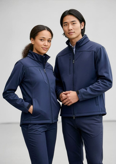 A navy men's softshell jacket displayed on a male and female model, both wearing coordinating attire.
