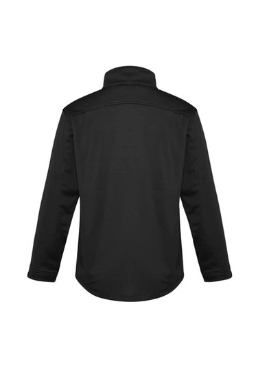 A black men's softshell jacket featuring a high collar and long sleeves, with a logo on the back.