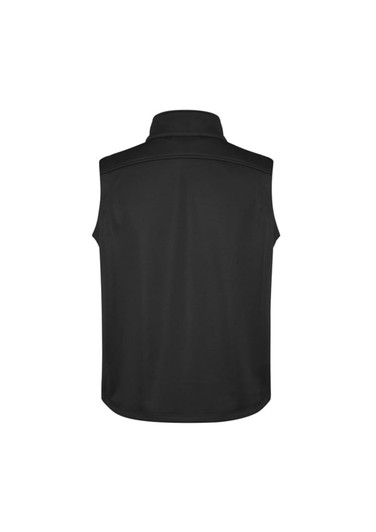 A black men's softshell vest with a high collar and no sleeves. It features a logo on the back.