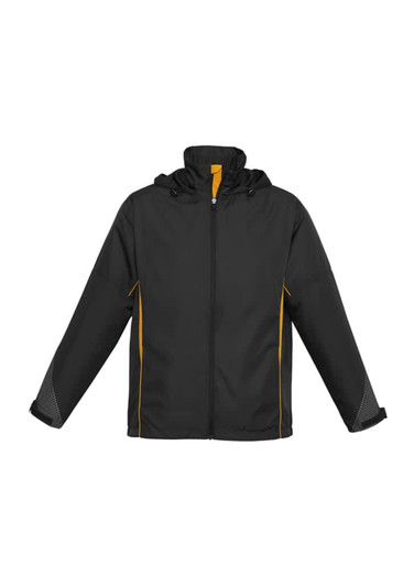 A black jacket with yellow accents and a hood, featuring long sleeves and a zippered front. It has a logo.
