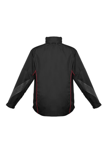 A black jacket with red accents, featuring long sleeves and a high collar. Includes a logo on the back.