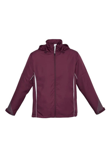 A maroon kids' jacket with a hood and contrasting grey details, featuring a zip closure and loose fit.
