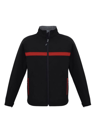 A black unisex soft shell jacket with red stripes and zippered pockets. Features a stand-up collar and has a logo.