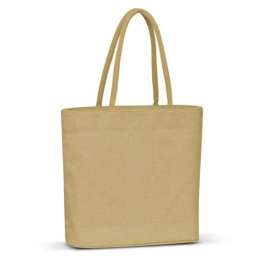 A jute tote bag in a light beige color with two sturdy handles.