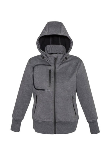 A grey zip-up hoodie jacket with a hood, featuring front pockets and a logo.
