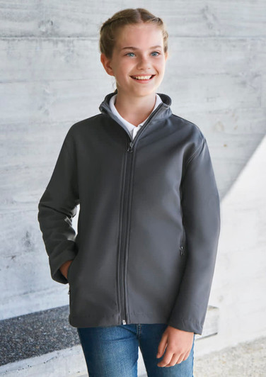 A grey jacket featuring a zip front and a stand collar, worn by a smiling young girl against a textured background.