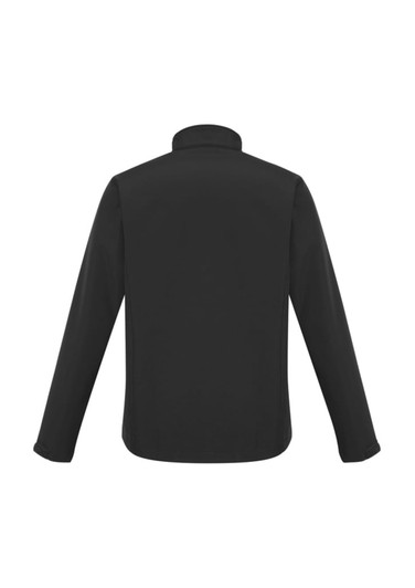 A black soft shell jacket with a high collar and long sleeves, featuring a logo on the back.
