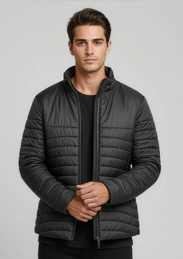 A puffer jacket in black, featuring a zip-up front and a modern, fitted design, with a logo on the chest.