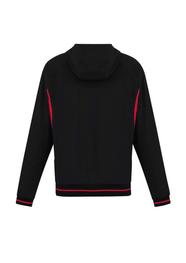 A soft shell jacket in black with red accents, featuring a hood and a logo on the upper back.