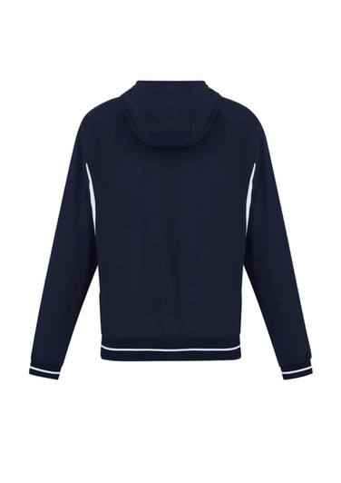A navy soft shell jacket with a hood and white detailing, featuring a logo on the back side.