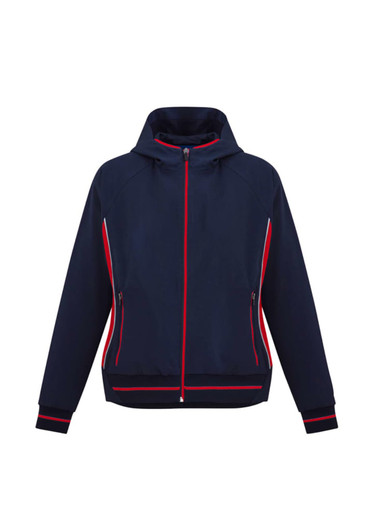 A navy jacket with red accents and a hood, featuring zippered pockets and a fitted design. Includes branding.