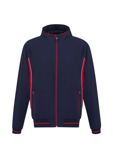 A navy blue soft shell jacket with red accents and a zip-up front, featuring side pockets and a logo.