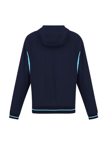 A navy soft shell jacket with a hood and light blue accents, featuring a logo on the back.