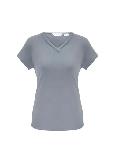 A grey short sleeve top with a V-neck design and a subtle crisscross feature. It includes a logo on the label.