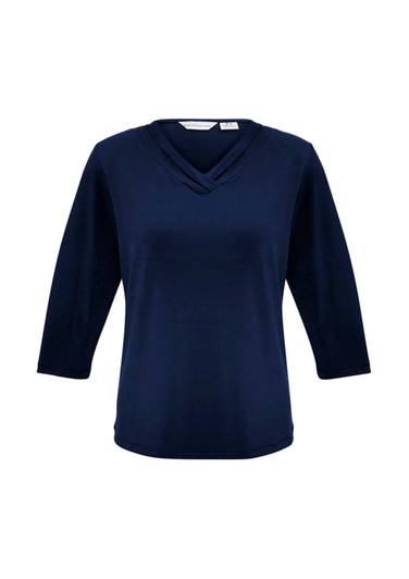 A navy blue women's 3/4 sleeve top with a crossover neckline and a logo.