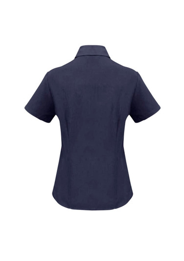 A navy blue ladies button-up shirt with short sleeves and a collar, featuring a logo.