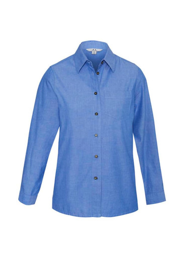 A women's long sleeve button-up shirt in chambray blue with a chest pocket and logo branding.