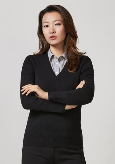 A black women's V-neck knit pullover paired with a striped shirt, featuring a branding logo.