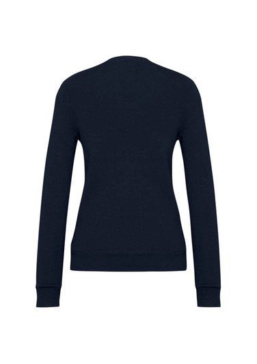 A navy women's V-neck knit pullover with long sleeves and a fitted silhouette, featuring a solid design.