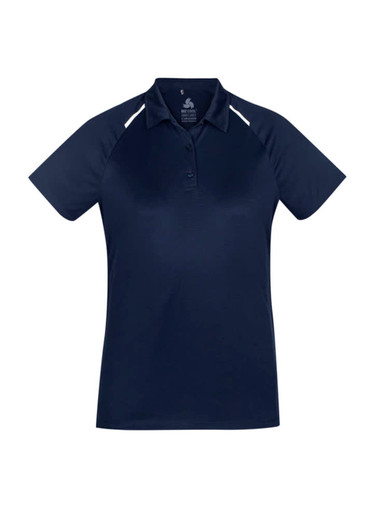 A navy women's polo shirt with short sleeves and a contrasting design, featuring a logo on the chest.