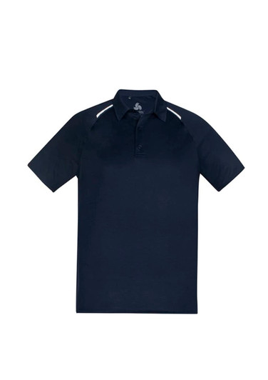 A navy blue short sleeve polo shirt featuring a logo and contrasting trim.