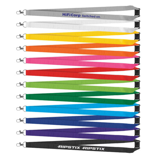 A collection of colourful lanyards in various shades, each featuring a clip and some displaying branding.
