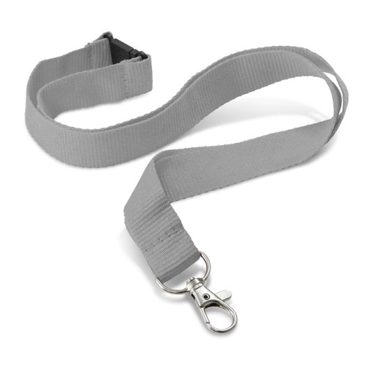 A gray lanyard featuring a durable clip for securing cards or small items.
