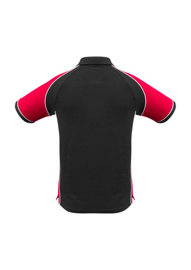 A black and red men's short sleeve polo shirt featuring contrasting piping and a logo.