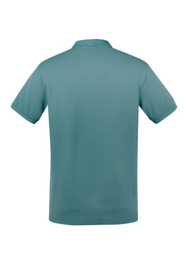 A polo shirt in a soft green hue, featuring a classic collar and short sleeves, with a logo on the front.