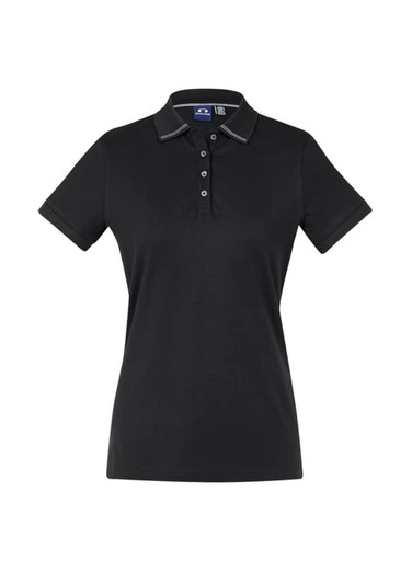 A black women's short sleeve polo shirt with a collar and a logo. It features button detailing and contrasting trim.