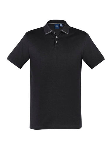 A black short sleeve polo shirt with a contrasting collar and a logo on the chest.