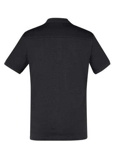 A black short sleeve polo shirt featuring a simple design and a logo on the front.