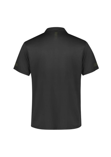 A black short sleeve polo shirt featuring a logo and dotted design on the back and sleeves.
