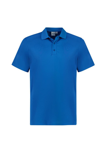 A bright blue short sleeve polo shirt featuring a collar and a logo.