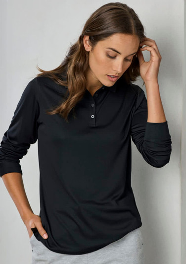 A long sleeve black polo shirt for women, featuring a buttoned neckline and a fitted design. Includes a logo.