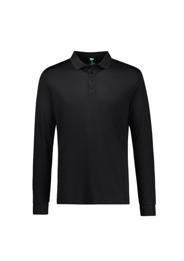 A black long sleeve polo shirt featuring a collar, buttons, and a logo on the chest area.