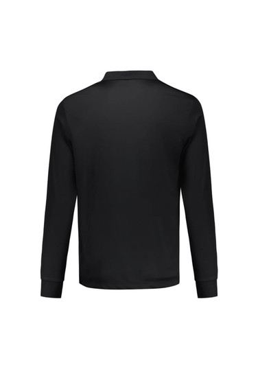 A black long sleeve polo shirt featuring a collar and a logo on the back.