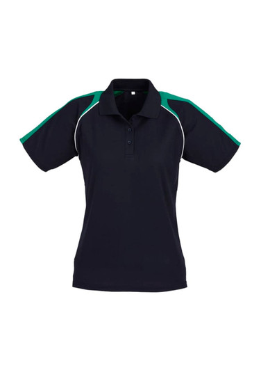 A women's polo shirt in navy blue with green accents and a logo on the chest. Short sleeves and a collar design.
