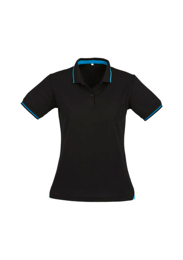 A black women's short sleeve polo shirt featuring blue accents and a collar design. It has a logo on the chest.