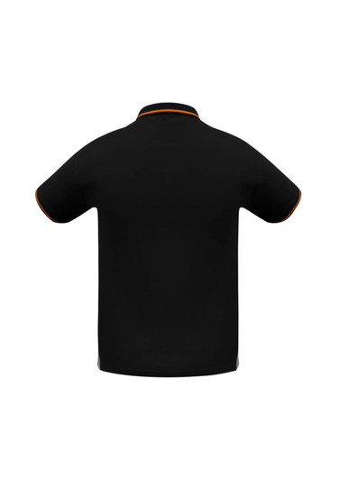 A black men's polo shirt with short sleeves, featuring contrasting trim and a branding logo.