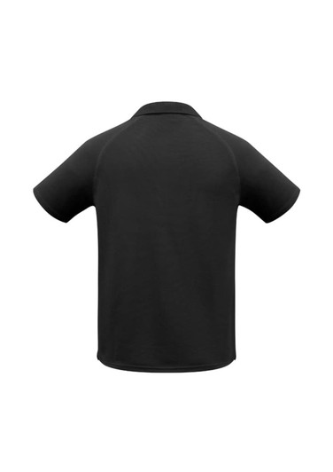 A black men's short sleeve polo shirt with a simple design and a logo on the back.