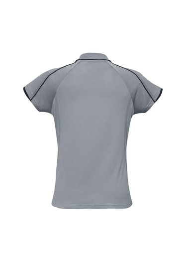 A grey women's blade short sleeve polo shirt with contrasting trim and a small logo on the back.