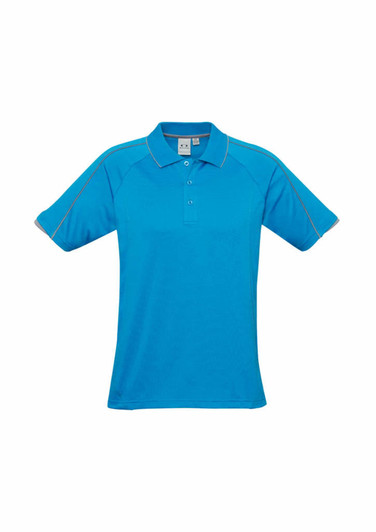 A short sleeve polo shirt in bright blue with contrasting accents and a logo on the chest.