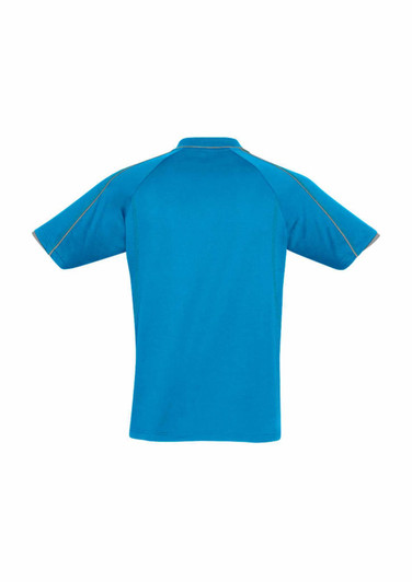 A short sleeve polo shirt in bright blue with a contrasting trim and a logo on the chest.