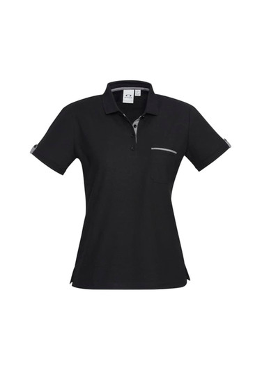 A women's short sleeve polo shirt in black, featuring a pocket and contrasting trim. It has a logo on the chest.
