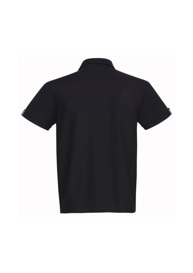 A black short sleeve polo shirt with a collar and a logo on the sleeve.