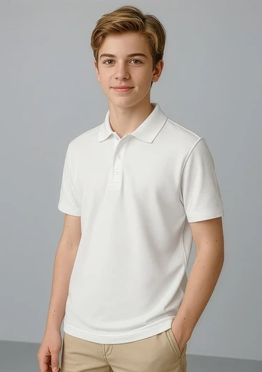 A short sleeve polo shirt in white, featuring a polo collar and a logo on the chest.